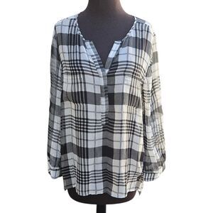 Joie Black Sheer Silk Puff Sleeve Blouse Top Career V Neck Plaid Peasant Med